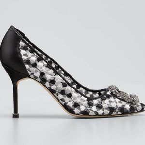 NEW MANOLO BLAHNIK Hangisi Mid-Heel Satin & Lace Pumps